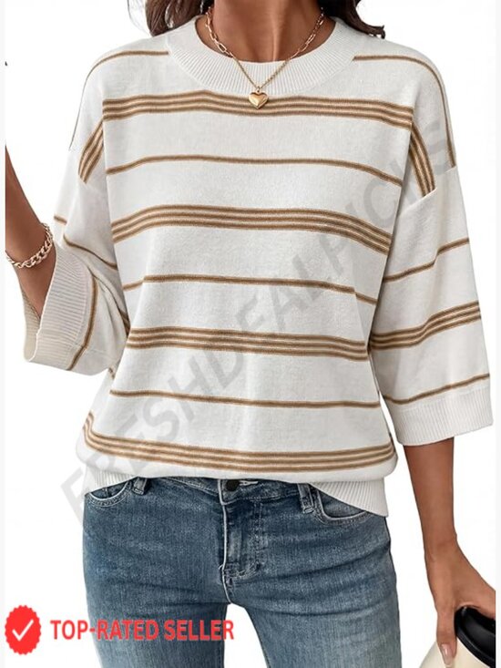 Sweaters - Oversized Striped 3/4 Sleeve Sweater Lightweight Knit Crewneck Pullover Top